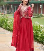 Red zari & sequins embroidered georgette kurta & dupatta set