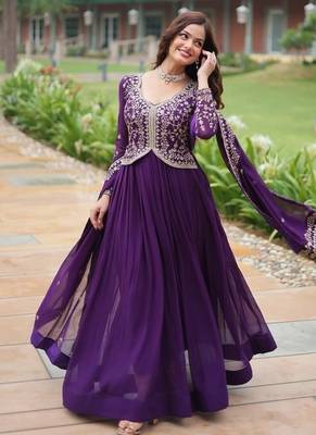 Purple zari & sequins embroidered georgette kurta & dupatta set 2