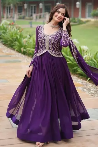 Purple zari & sequins embroidered georgette kurta & dupatta set