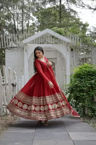 Maroon zari & sequins embroidered georgette kurta & dupatta set