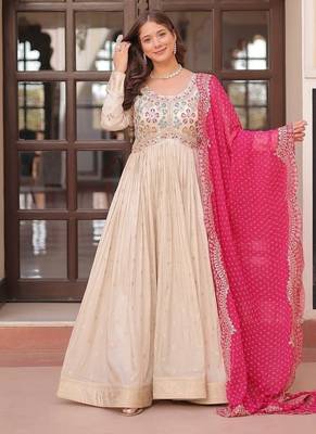 Pink zari & sequins embroidered jequard & kurta set for women 1