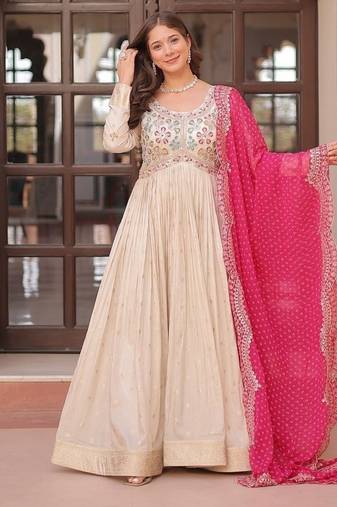Pink zari & sequins embroidered work jequard & kurta set for women