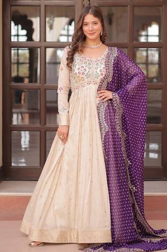 Purple zari & sequins embroidered work jequard & kurta set for women