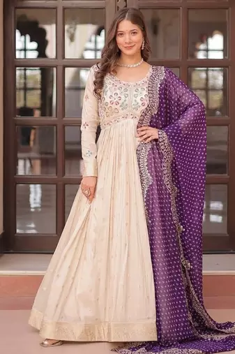 Purple zari & sequins embroidered work jequard & kurta set for women
