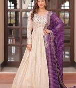 Purple zari & sequins embroidered work jequard & kurta set for women