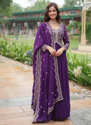 Purple zari & sequins embroidered georgette kurta & dupatta set 3