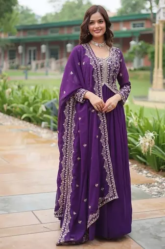Purple zari & sequins embroidered georgette kurta & dupatta set
