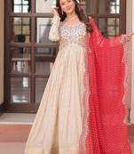 Red zari & sequins embroidered work jequard & kurta set for women