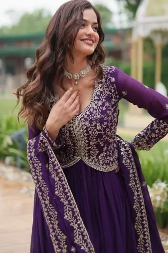 Purple zari & sequins embroidered georgette kurta & dupatta set