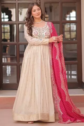 Pink zari & sequins embroidered jequard & kurta set for women