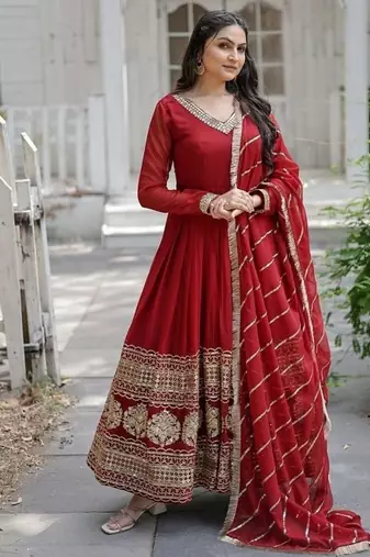 Maroon zari & sequins embroidered work georgette stitched kurta & dupatta set