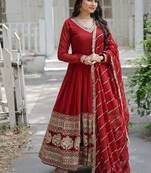 Maroon zari & sequins embroidered work georgette stitched kurta & dupatta set