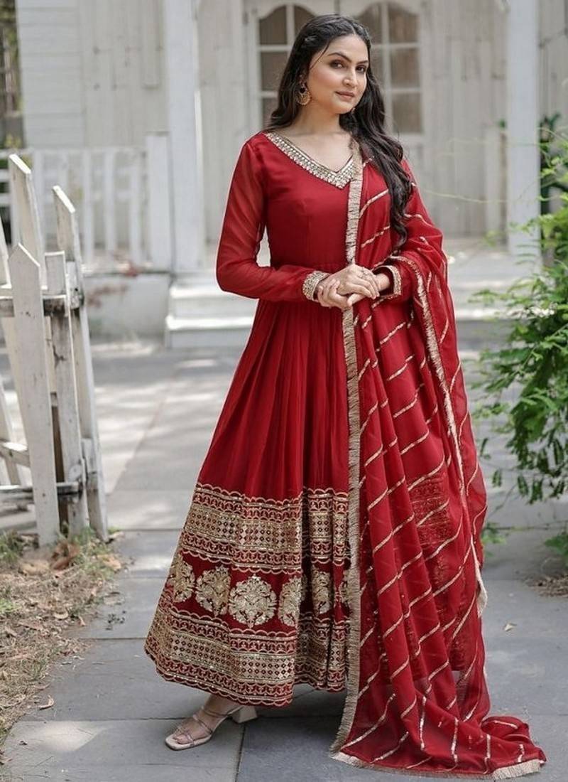 Maroon zari & sequins embroidered work georgette stitched kurta & dupatta set