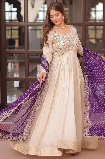 Purple zari & sequins embroidered jequard & kurta set for women