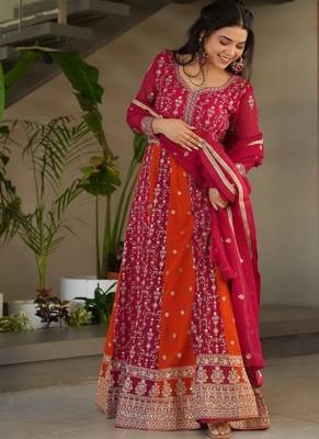 Pink zari & sequins embroidered georgette kurta & dupatta set 1