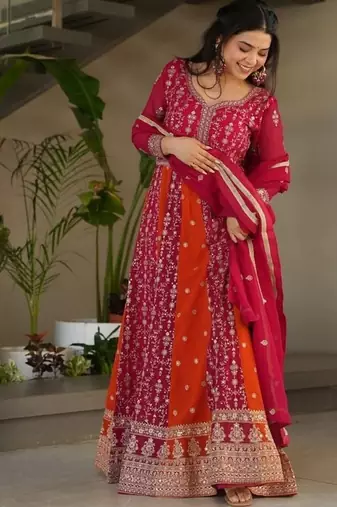 Pink zari & sequins embroidered work georgette stitched kurta & dupatta set