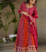 Pink zari & sequins embroidered work georgette stitched kurta & dupatta set