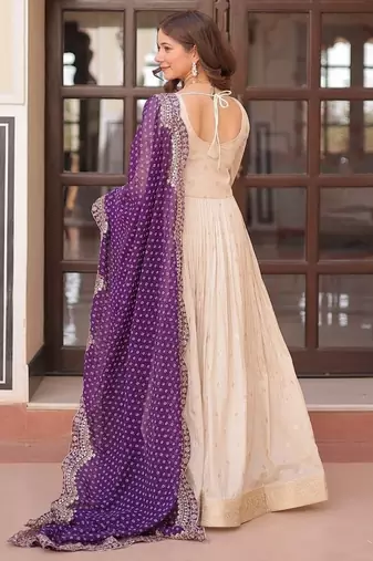Purple zari & sequins embroidered jequard & kurta set for women