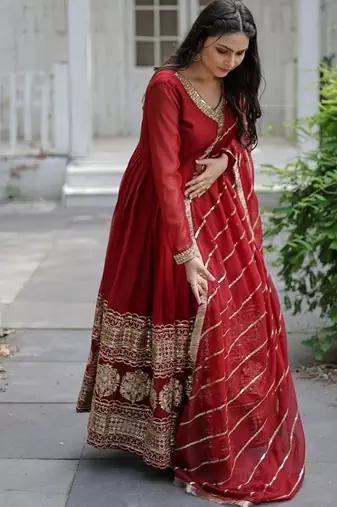 Maroon zari & sequins embroidered georgette kurta & dupatta set