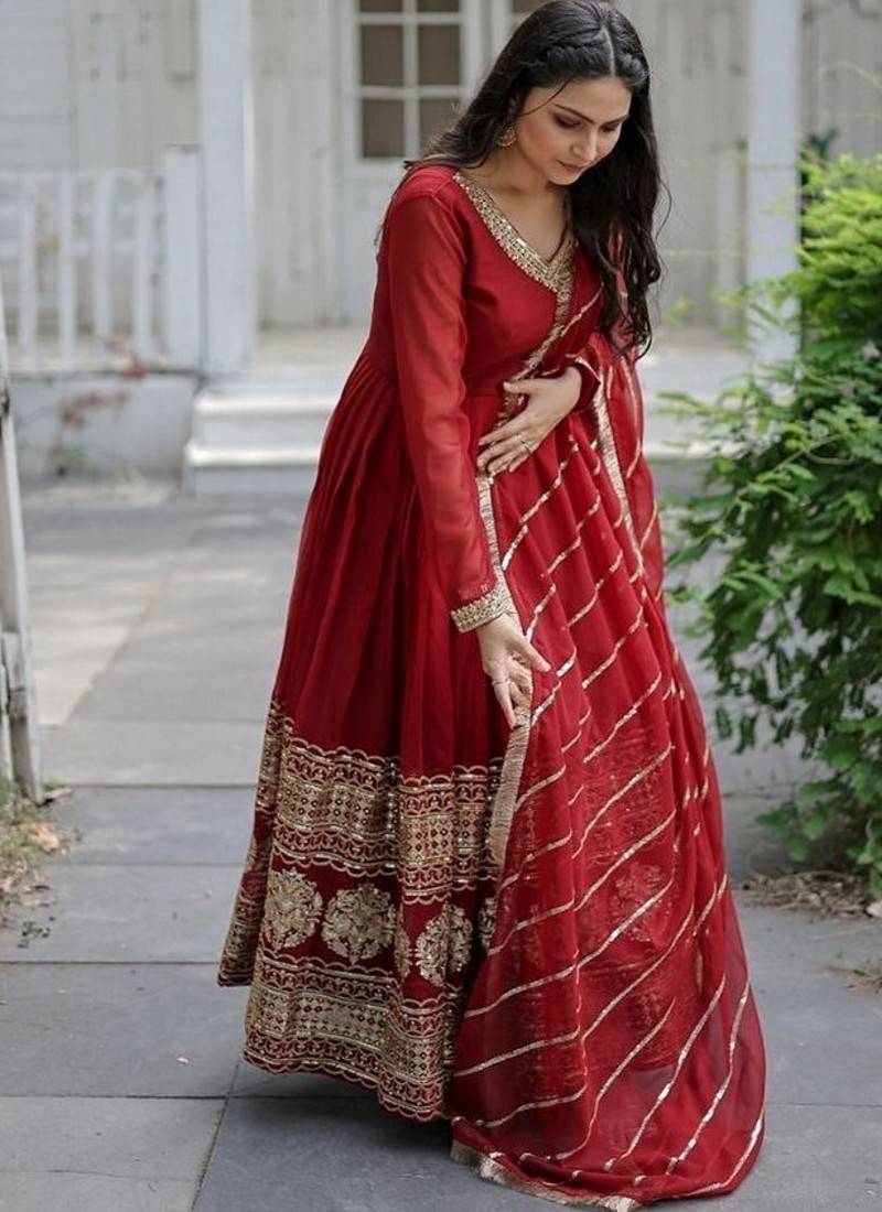 Maroon zari & sequins embroidered work georgette stitched kurta & dupatta set