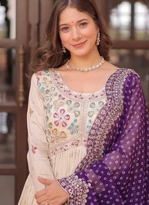 Purple zari & sequins embroidered jequard & kurta set for women 4