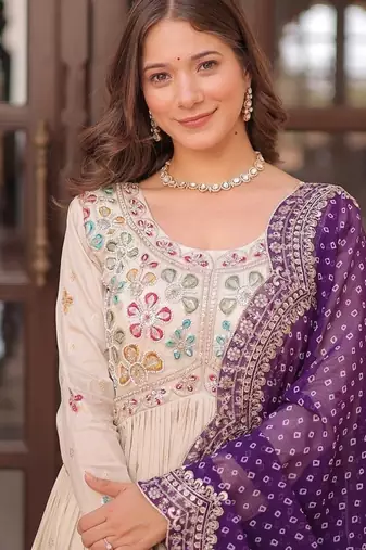 Purple zari & sequins embroidered jequard & kurta set for women
