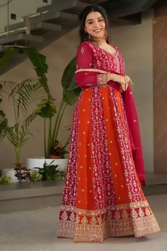 Pink zari & sequins embroidered georgette kurta & dupatta set