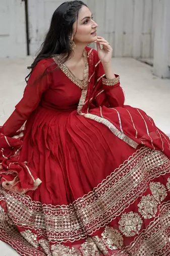 Maroon zari & sequins embroidered georgette kurta & dupatta set
