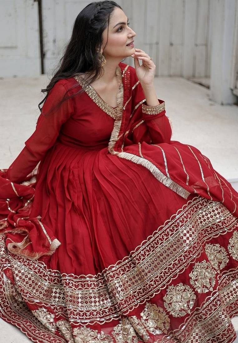 Maroon zari & sequins embroidered work georgette stitched kurta & dupatta set