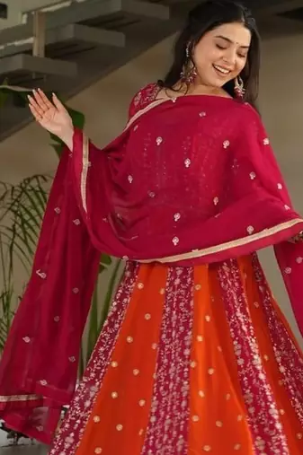Pink zari & sequins embroidered georgette kurta & dupatta set