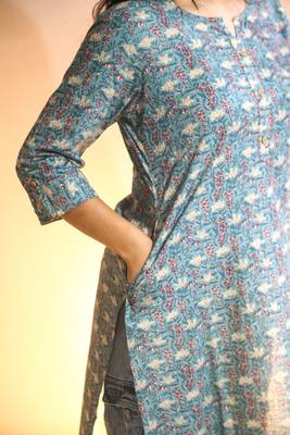 Women's cotton light blue with multi color embellished kurta 4