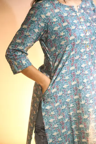 Women's cotton light blue with multi color embellished kurta