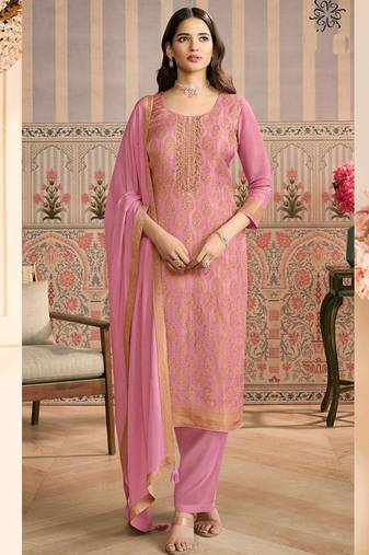 Light pink jacquard silk handwork designer salwar suit
