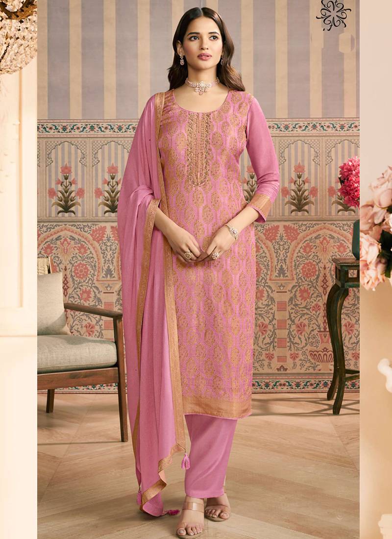 Light pink jacquard silk handwork designer salwar suit