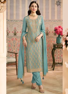 Light blue jacquard silk handwork designer salwar suit 1