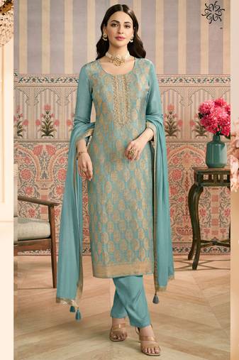 Light blue jacquard silk handwork designer salwar suit