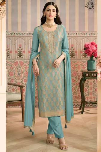 Light blue jacquard silk handwork designer salwar suit