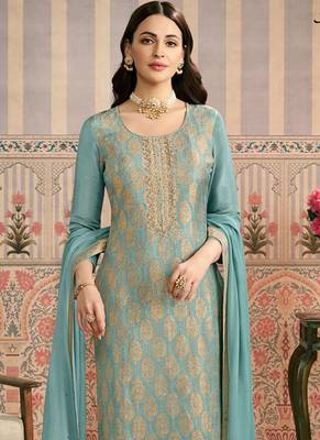 Light blue jacquard silk handwork designer salwar suit 2