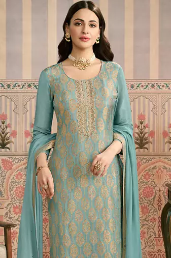 Light blue jacquard silk handwork designer salwar suit