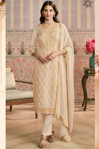 Off white  jacquard silk handwork designer salwar suit