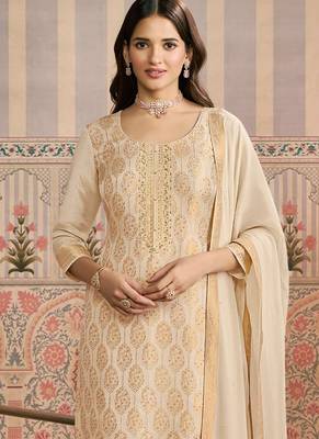 Off white jacquard silk handwork designer salwar suit 2