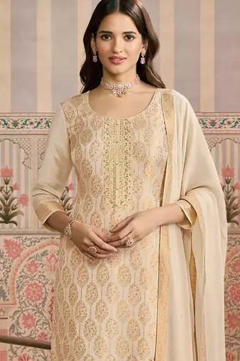 Off white jacquard silk handwork designer salwar suit