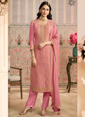 Pink jacquard silk handwork designer salwar suit 1