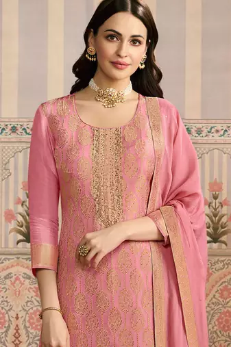 Pink jacquard silk handwork designer salwar suit