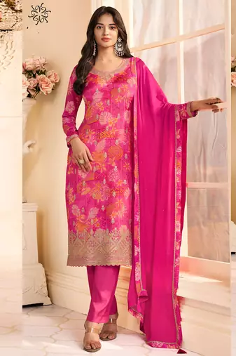 Pink chinon silk embroidered digital print designer salwar suit