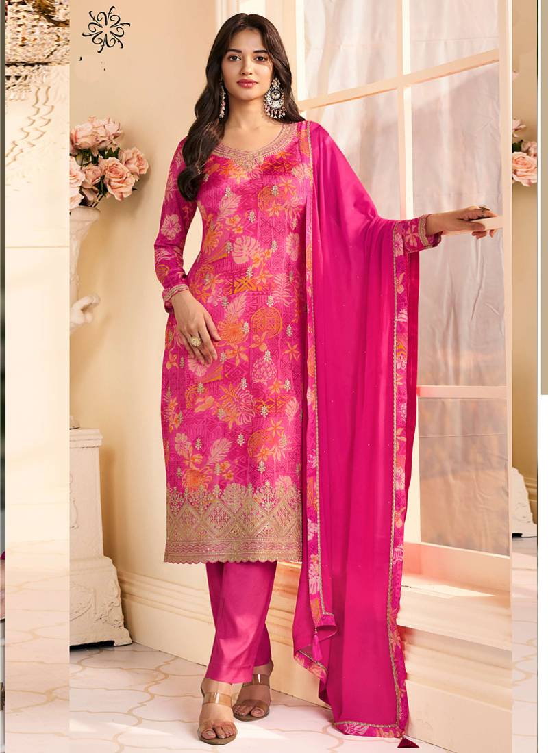 Pink chinon silk embroidered digital print designer salwar suit