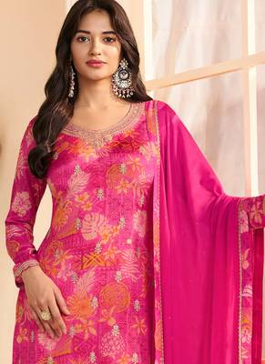 Pink chinon silk embroidered digital print designer salwar suit 2