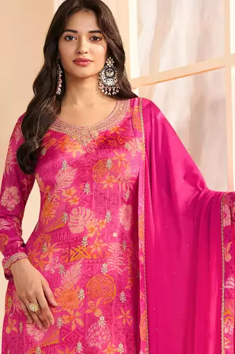 Pink chinon silk embroidered digital print designer salwar suit