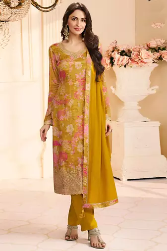 Yellow chinon silk embroidered digital print designer salwar suit