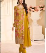 Yellow chinon silk embroidered digital print designer salwar suit